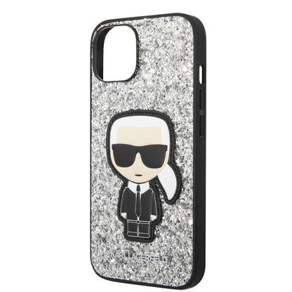 Housse pour Apple iPhone 14, Karl Lagerfeld, Glitter Flakes Ikonik Karl, Argentée.