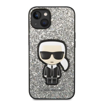 Housse pour Apple iPhone 14, Karl Lagerfeld, Glitter Flakes Ikonik Karl, Argentée.