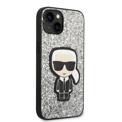 Housse pour Apple iPhone 14, Karl Lagerfeld, Glitter Flakes Ikonik Karl, Argentée.