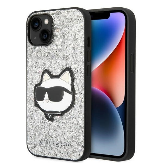 Housse pour Apple iPhone 14 Plus, Karl Lagerfeld, Glitter Choupette Patch, Argentée