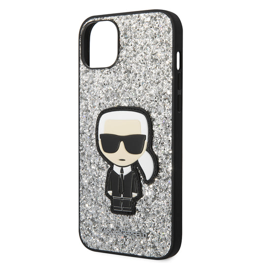Housse pour Apple iPhone 14 Plus, Karl Lagerfeld, Glitter Flakes Ikonik Karl, Argentée