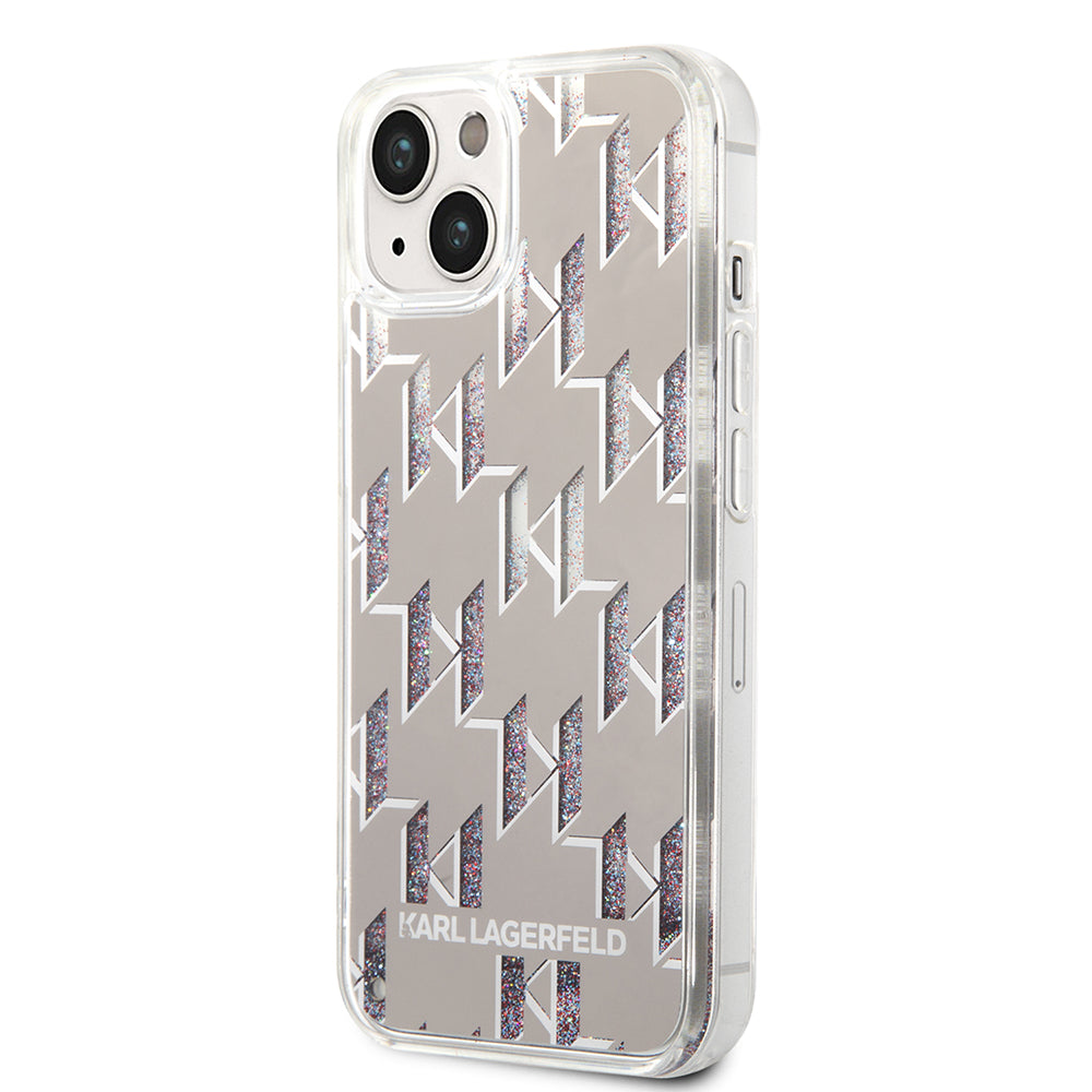Étui pour Apple iPhone 14 Plus, Karl Lagerfeld, Monogramme à Paillettes Liquides, Argenté