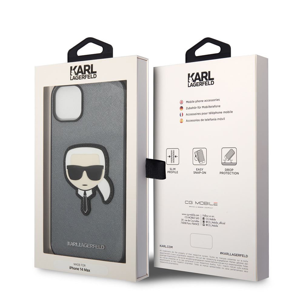 Étui pour Apple iPhone 14 Plus, Karl Lagerfeld, Saffiano Karl's Head, Argenté