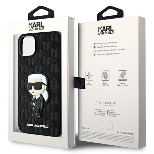 Étui pour Apple iPhone 14 Plus, Karl Lagerfeld, Saffiano Monogram Ikonik Karl, Noir