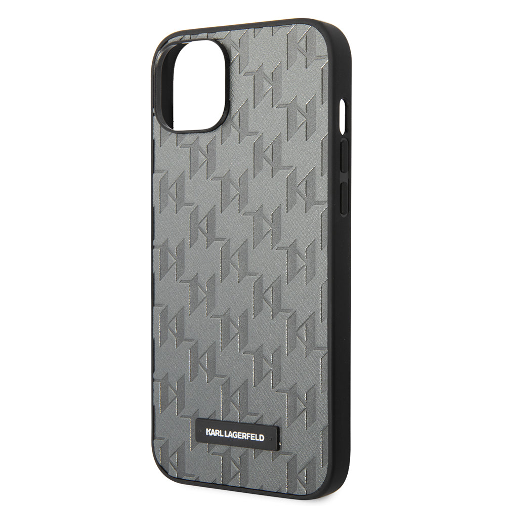 Étui pour Apple iPhone 14 Plus, Karl Lagerfeld, Saffiano Monogram Metal Logo, Gris