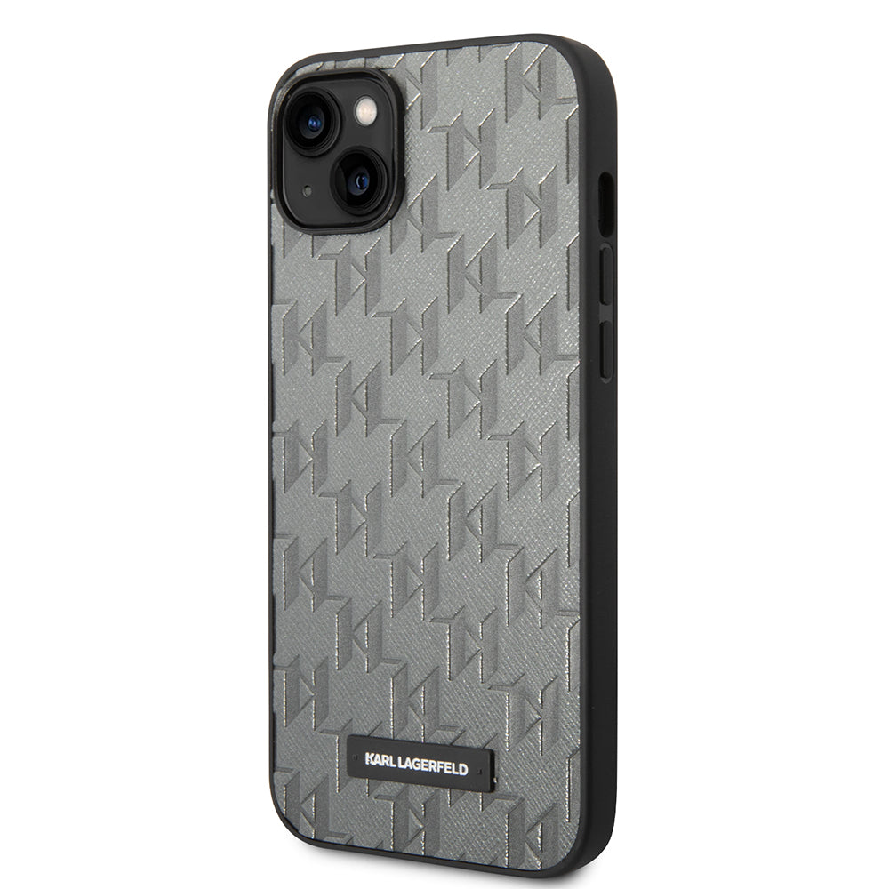 Étui pour Apple iPhone 14 Plus, Karl Lagerfeld, Saffiano Monogram Metal Logo, Gris