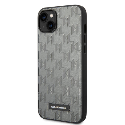 Étui pour Apple iPhone 14 Plus, Karl Lagerfeld, Saffiano Monogram Metal Logo, Gris