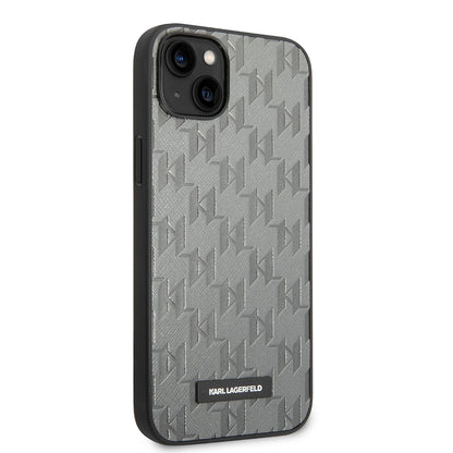Étui pour Apple iPhone 14 Plus, Karl Lagerfeld, Saffiano Monogram Metal Logo, Gris