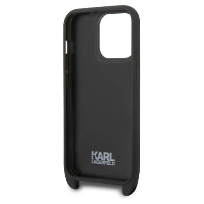 Étui pour Apple iPhone 14 Pro, Karl Lagerfeld, Monogram Plaque Logo avec Sangle, Noir