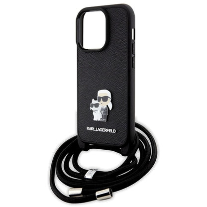 Étui pour Apple iPhone 14 Pro, Karl Lagerfeld, Saffiano Crossbody Metal Pin Karl & Choupette, Noir