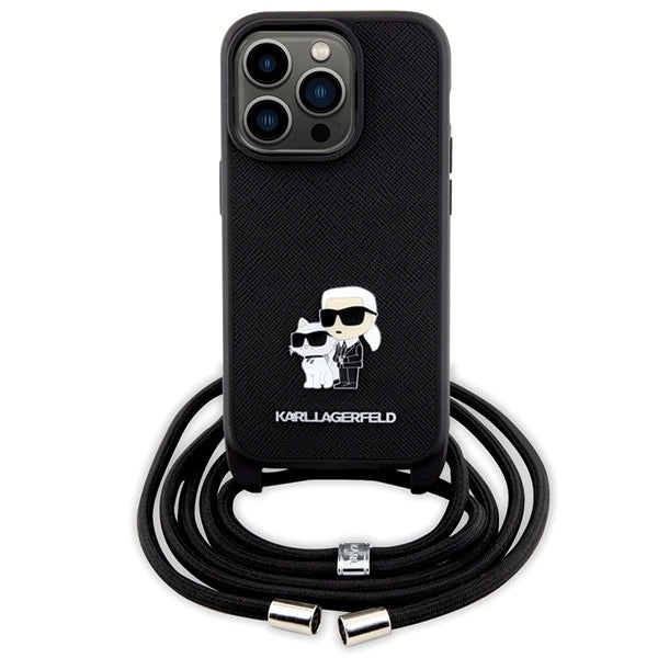 Étui pour Apple iPhone 14 Pro, Karl Lagerfeld, Saffiano Crossbody Metal Pin Karl & Choupette, Noir