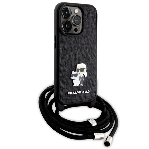 Étui pour Apple iPhone 14 Pro, Karl Lagerfeld, Saffiano Crossbody Metal Pin Karl & Choupette, Noir