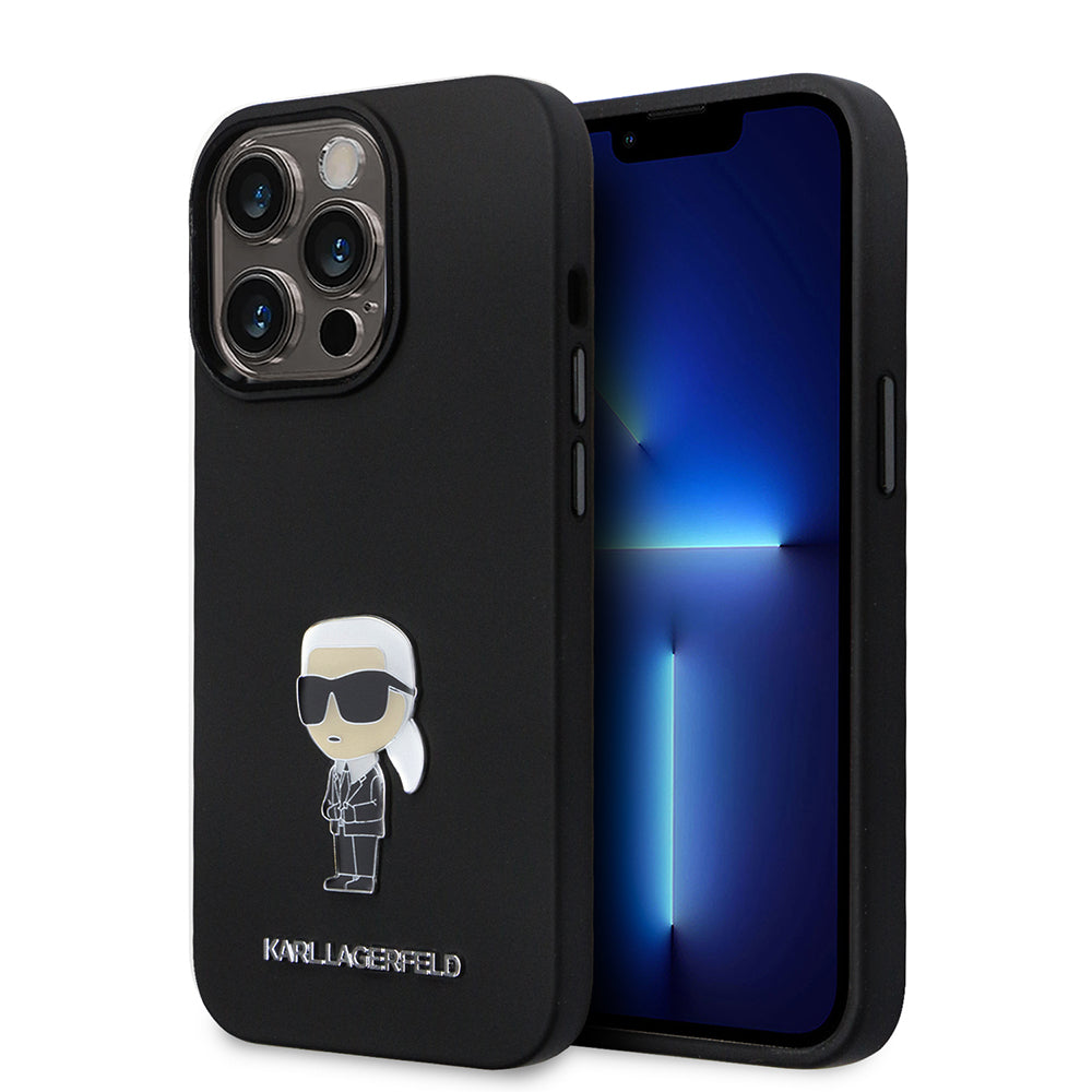 Étui pour Apple iPhone 14 Pro, Karl Lagerfeld, Silicone Ikonik Karl Metal, Noir