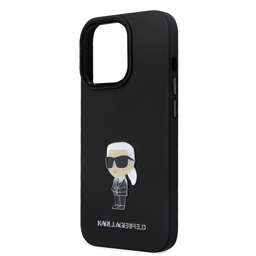 Étui pour Apple iPhone 14 Pro, Karl Lagerfeld, Silicone Ikonik Karl Metal, Noir