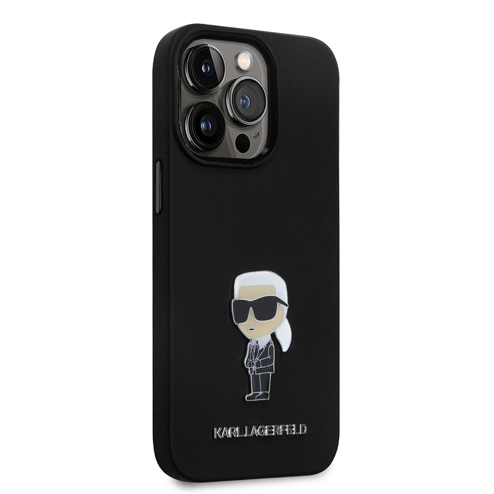 Étui pour Apple iPhone 14 Pro, Karl Lagerfeld, Silicone Ikonik Karl Metal, Noir