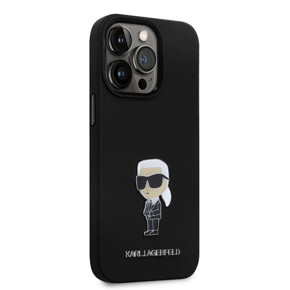 Étui pour Apple iPhone 14 Pro, Karl Lagerfeld, Silicone Ikonik Karl Metal, Noir