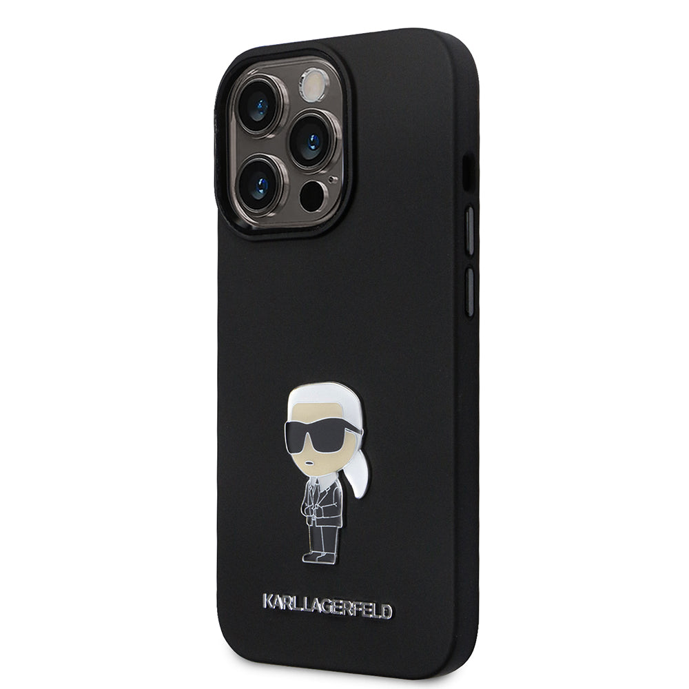 Étui pour Apple iPhone 14 Pro, Karl Lagerfeld, Silicone Ikonik Karl Metal, Noir