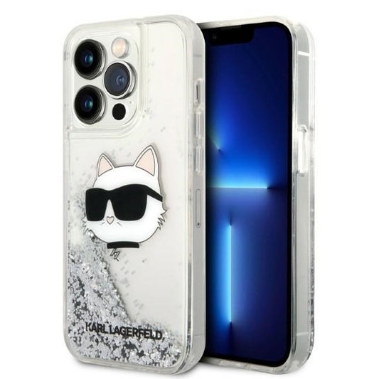 Housse pour Apple iPhone 14 Pro Max, Karl Lagerfeld, Glitter Choupette's Head, Argentée