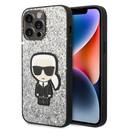 Étui pour Apple iPhone 14 Pro Max, Karl Lagerfeld, Glitter Flakes Ikonik Karl, Argenté