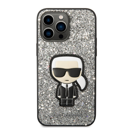 Étui pour Apple iPhone 14 Pro Max, Karl Lagerfeld, Glitter Flakes Ikonik Karl, Argenté