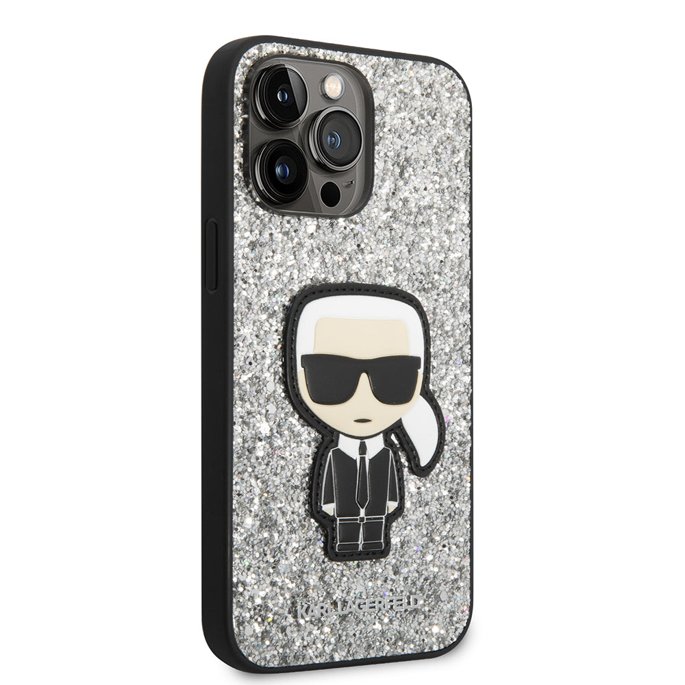 Étui pour Apple iPhone 14 Pro Max, Karl Lagerfeld, Glitter Flakes Ikonik Karl, Argenté