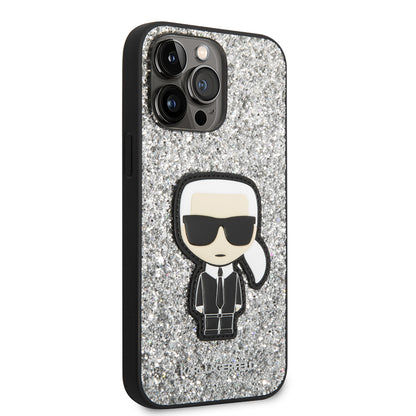 Étui pour Apple iPhone 14 Pro Max, Karl Lagerfeld, Glitter Flakes Ikonik Karl, Argenté