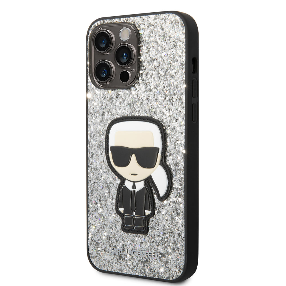Étui pour Apple iPhone 14 Pro Max, Karl Lagerfeld, Glitter Flakes Ikonik Karl, Argenté