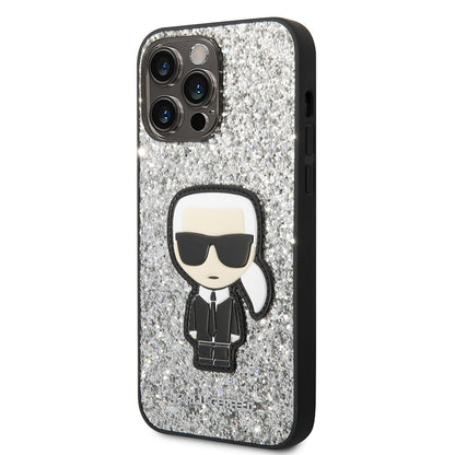 Étui pour Apple iPhone 14 Pro Max, Karl Lagerfeld, Glitter Flakes Ikonik Karl, Argenté