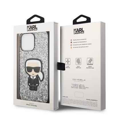 Étui pour Apple iPhone 14 Pro Max, Karl Lagerfeld, Glitter Flakes Ikonik Karl, Argenté