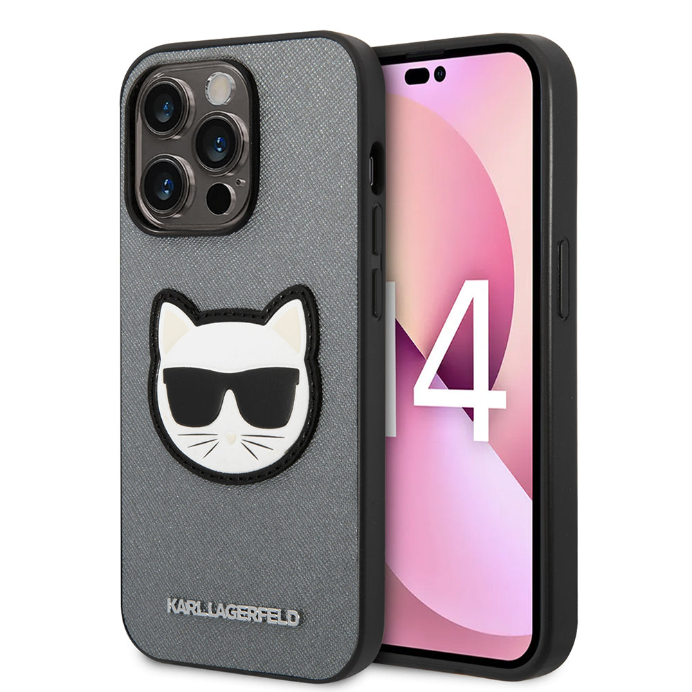 Étui pour Apple iPhone 14 Pro Max, Karl Lagerfeld, Saffiano Choupette's Head, Argenté