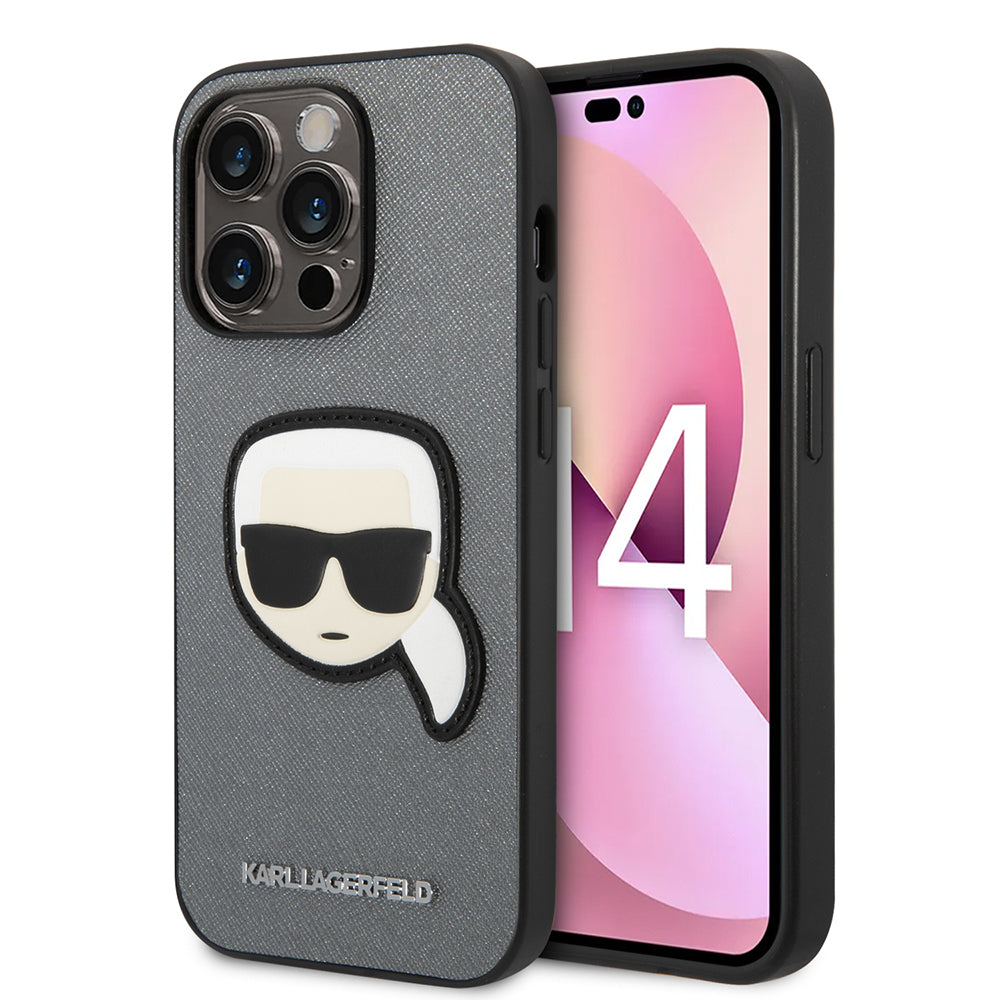 Étui pour Apple iPhone 14 Pro Max, Karl Lagerfeld, Saffiano Karl's Head, Argenté