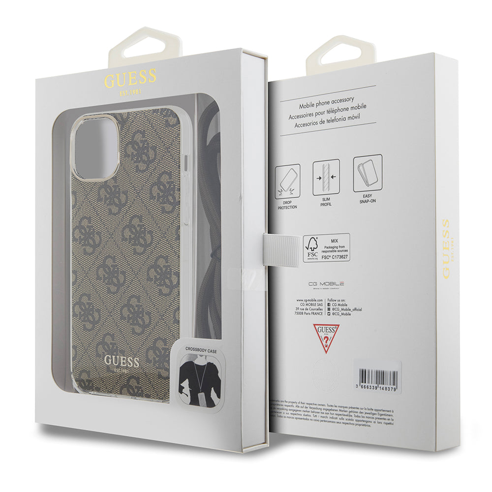 Étui pour Apple iPhone 15, Guess, 4G IML Printed Crossbody, Marron