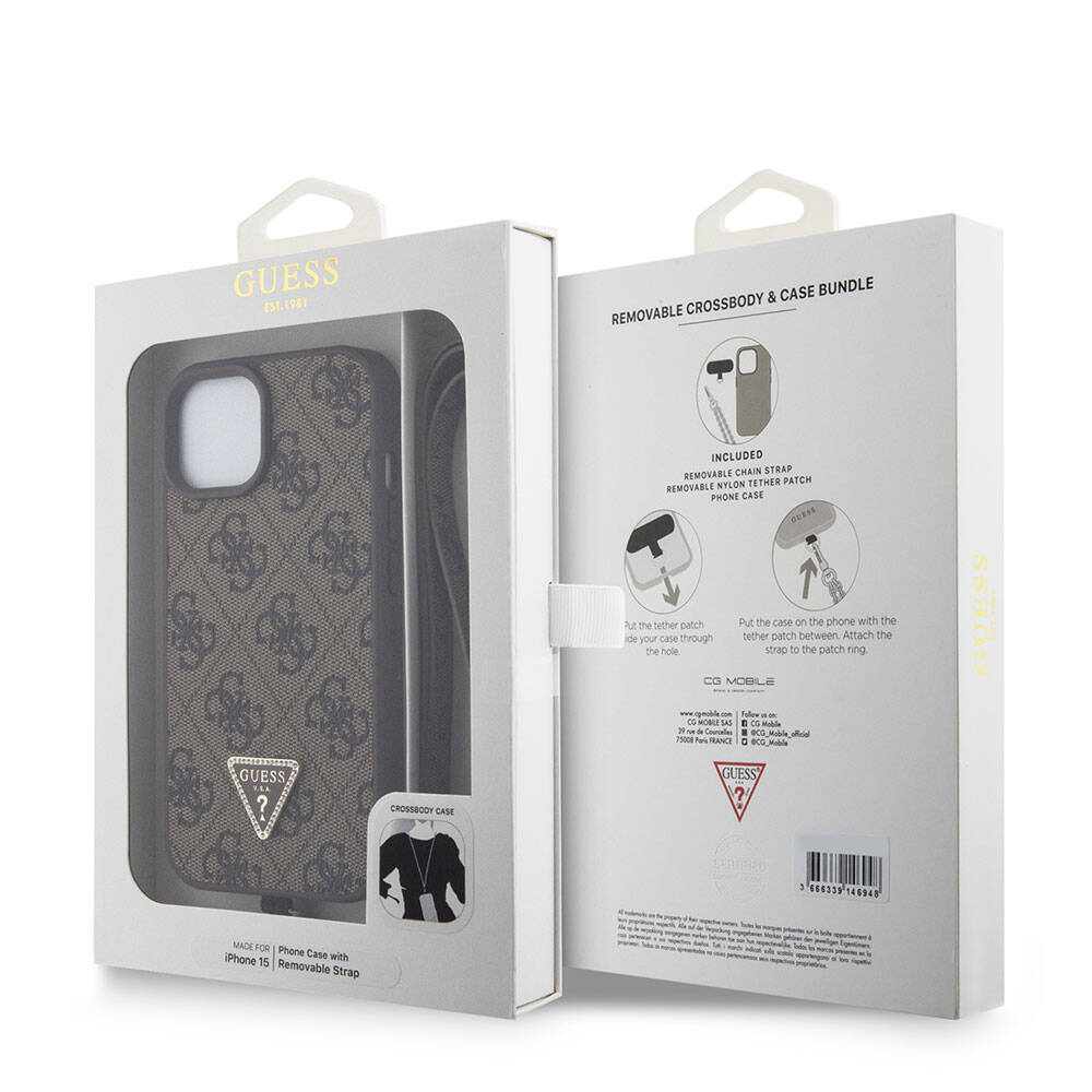 Étui pour Apple iPhone 15, Guess, Crossbody 4G Metal Logo, Marron