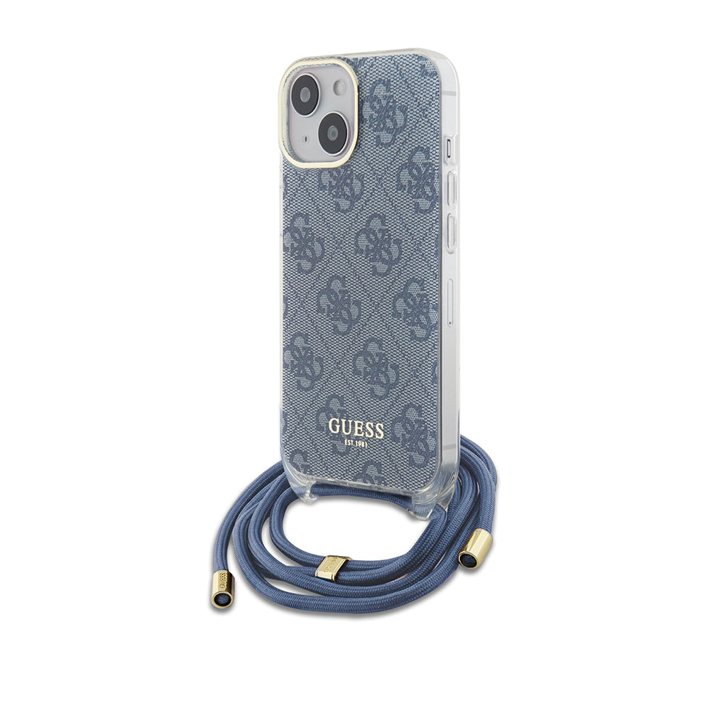 Étui pour Apple iPhone 15, Guess, Crossbody Cord 4G Print, Bleu