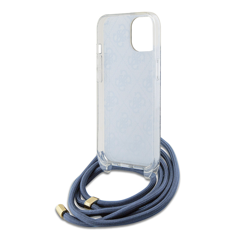 Étui pour Apple iPhone 15, Guess, Crossbody Cord 4G Print, Bleu