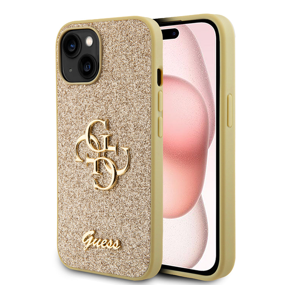 Étui pour Apple iPhone 15, Guess, Glitter Big 4G Script, Doré