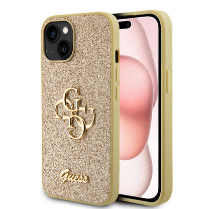 Étui pour Apple iPhone 15, Guess, Glitter Big 4G Script, Doré