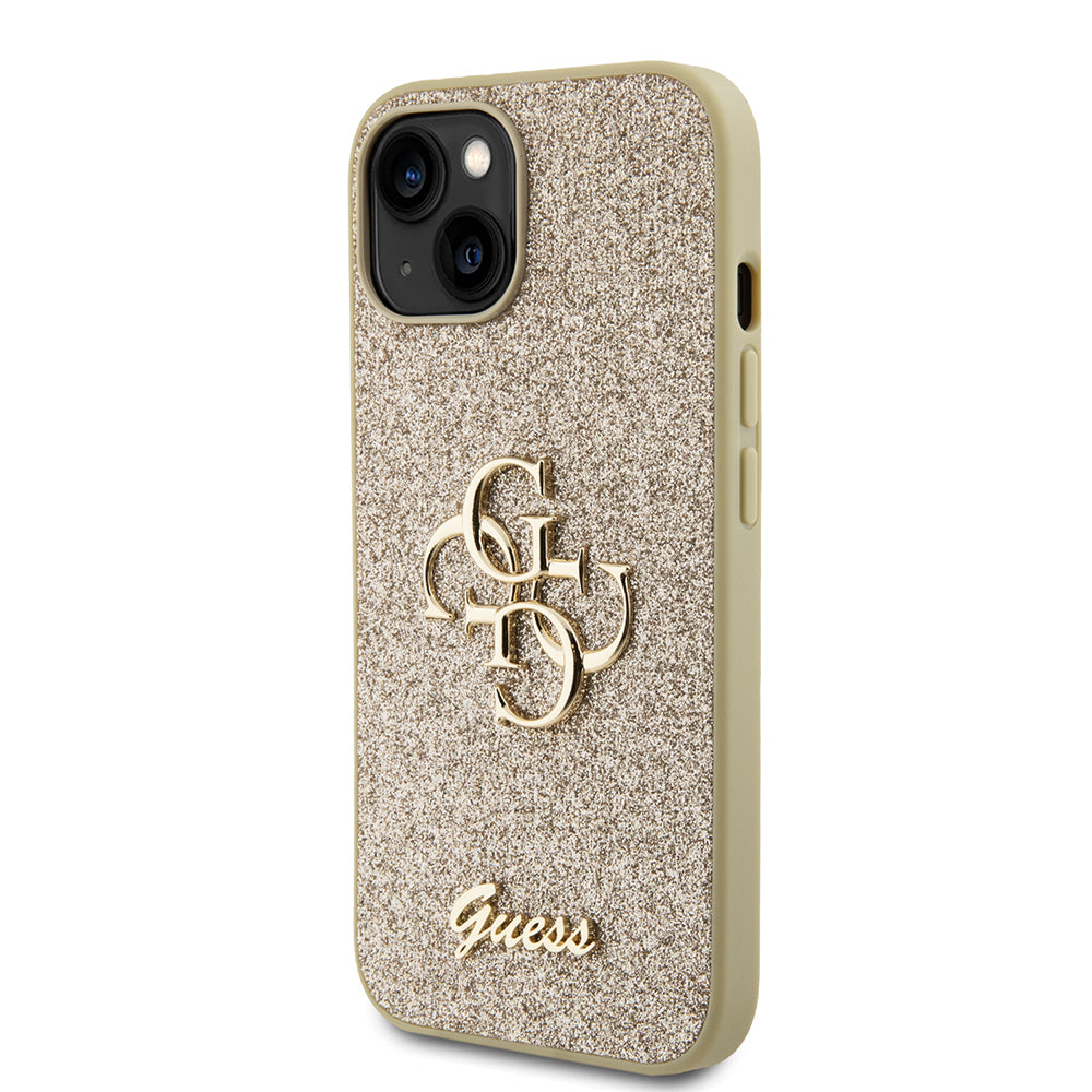 Étui pour Apple iPhone 15, Guess, Glitter Big 4G Script, Doré