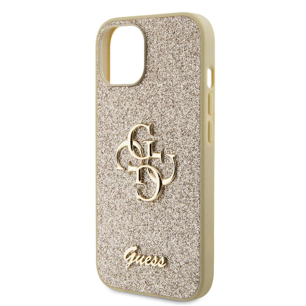 Étui pour Apple iPhone 15, Guess, Glitter Big 4G Script, Doré