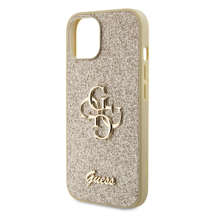 Étui pour Apple iPhone 15, Guess, Glitter Big 4G Script, Doré