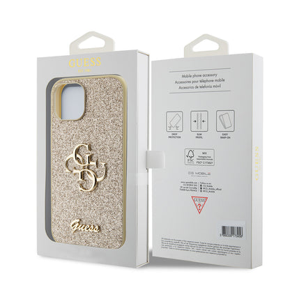 Étui pour Apple iPhone 15, Guess, Glitter Big 4G Script, Doré