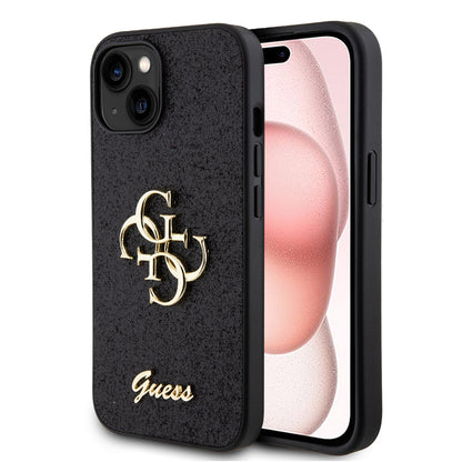 Étui pour Apple iPhone 15, Guess, Glitter Big 4G Script, Noir