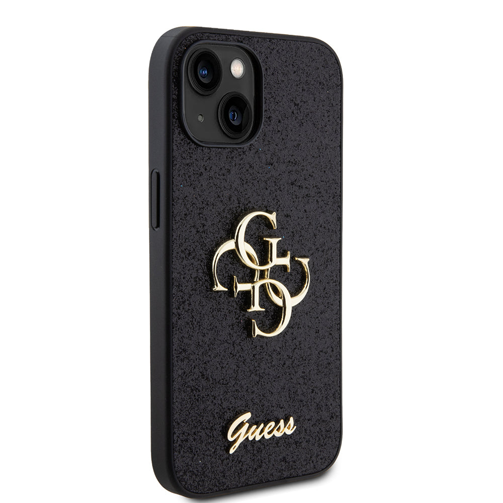 Étui pour Apple iPhone 15, Guess, Glitter Big 4G Script, Noir
