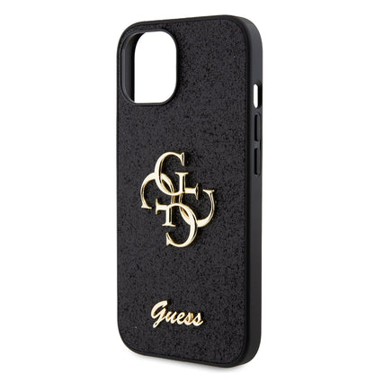 Étui pour Apple iPhone 15, Guess, Glitter Big 4G Script, Noir