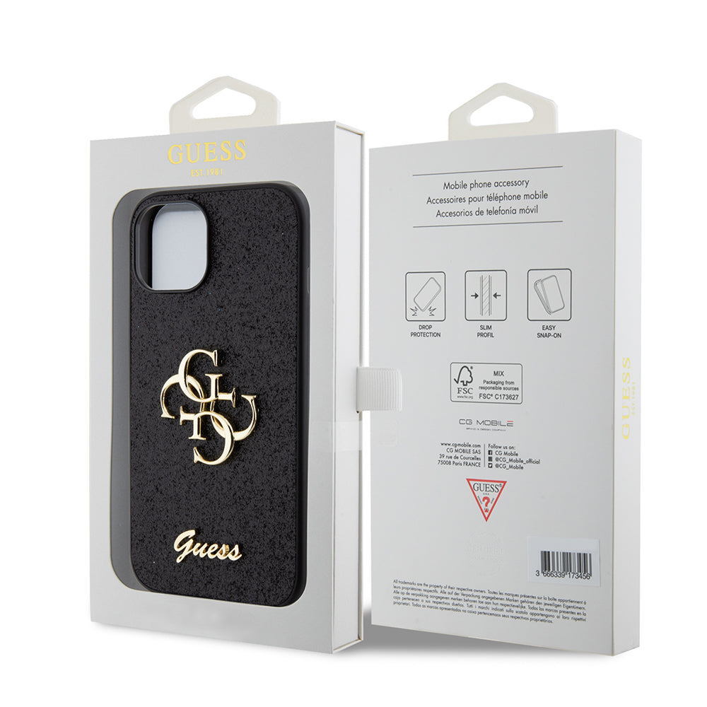 Étui pour Apple iPhone 15, Guess, Glitter Big 4G Script, Noir