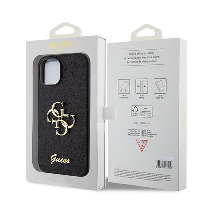 Étui pour Apple iPhone 15, Guess, Glitter Big 4G Script, Noir