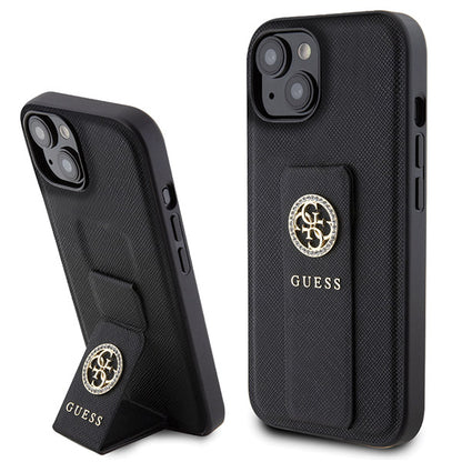 Étui pour Apple iPhone 15, Guess, Grip Stand 4G Saffiano Strass, Noir
