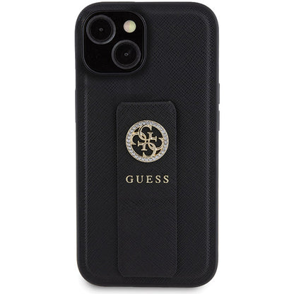 Étui pour Apple iPhone 15, Guess, Grip Stand 4G Saffiano Strass, Noir
