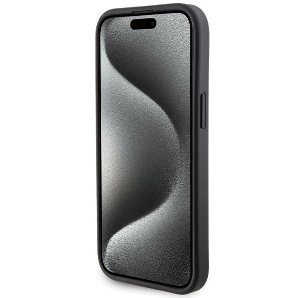 Étui pour Apple iPhone 15, Guess, Grip Stand 4G Saffiano Strass, Noir