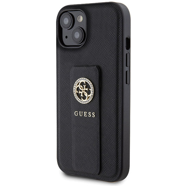 Étui pour Apple iPhone 15, Guess, Grip Stand 4G Saffiano Strass, Noir